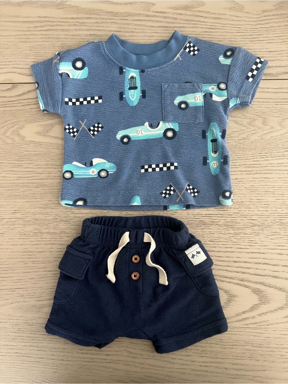 Blue Race Car Print Tee and Navy Shorts Set - Kids